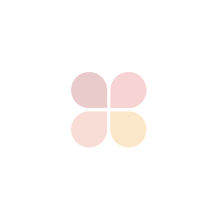 Minimalist logo with four rounded petal shapes forming a cross, in soft pink and beige tones on a light background.