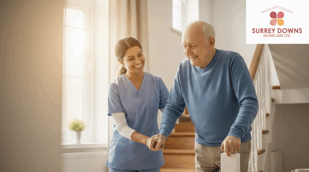 Caregiver supporting a senior man using a walking aid at home with logo overlay.