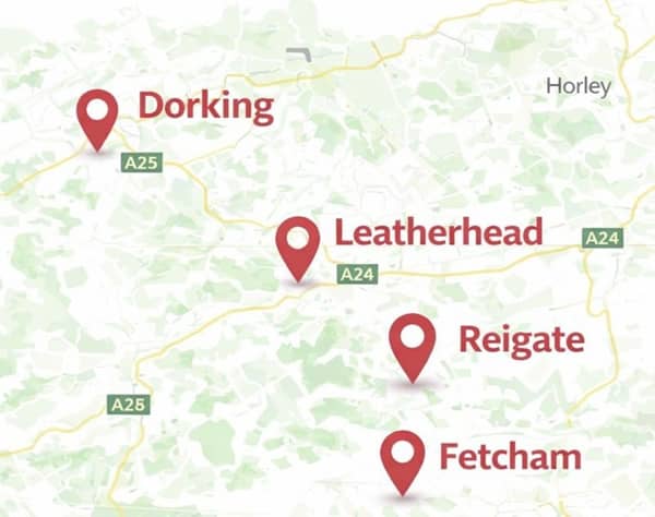 Map highlighting Dorking, Leatherhead, Reigate, and Fetcham service areas.
